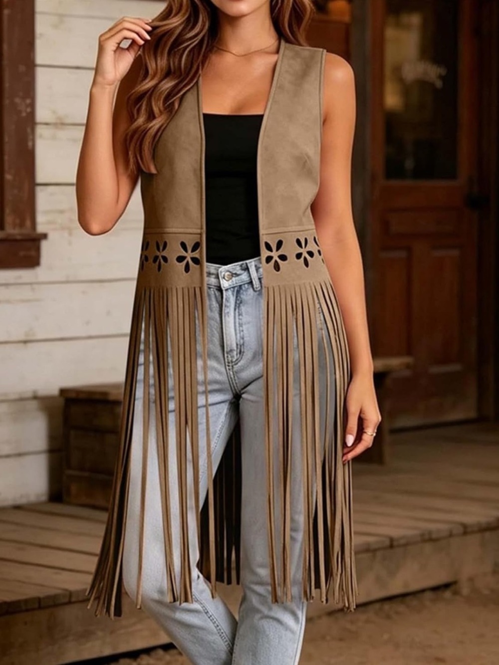 Western Fringe Suede Cardigan Vest
